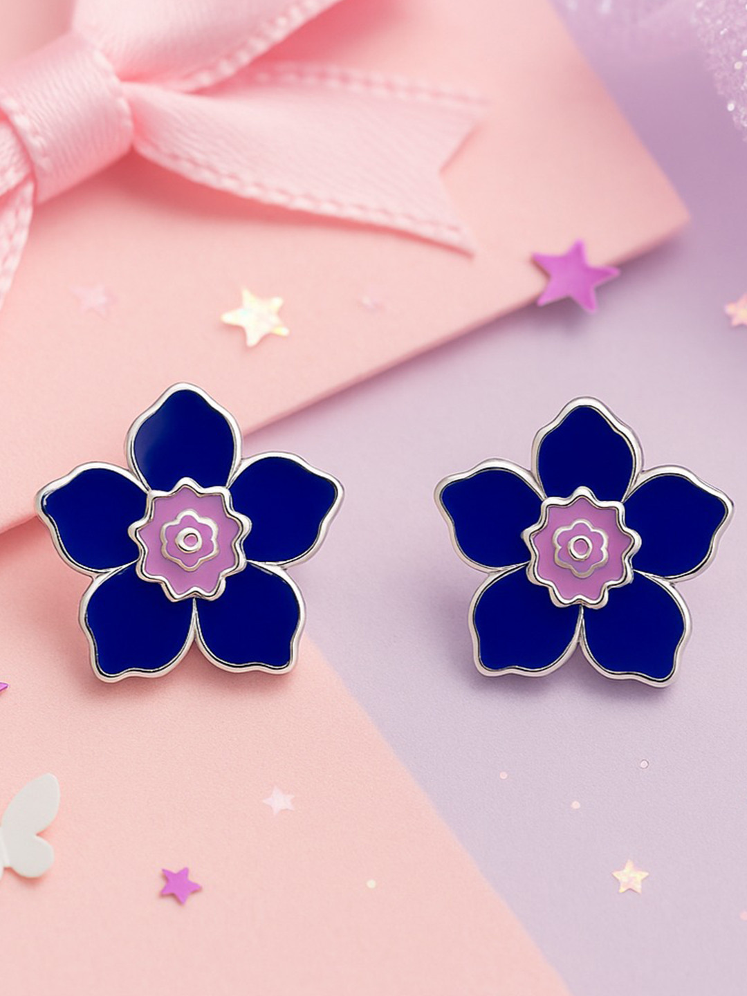 Nipura Girls 925 Sterling Silver Rhodium-Plated Lavender Dreams Floral Enamelled Studs