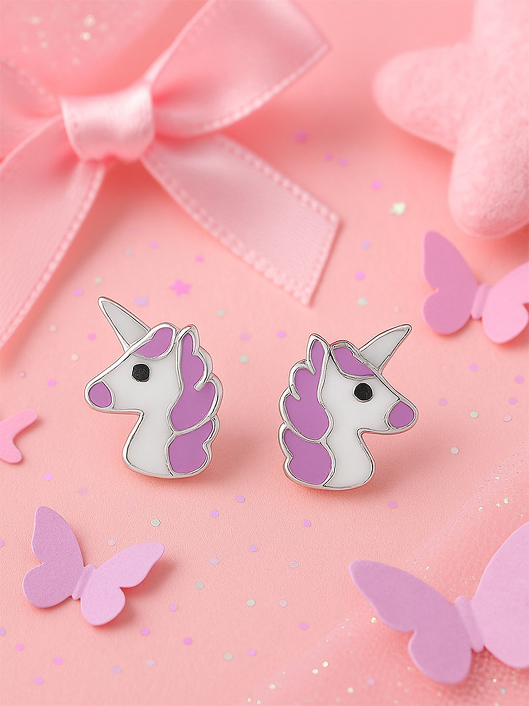 Nipura Girls 925 Sterling Silver Rhodium-Plated Classic Unicorn Magic Studs Earrings