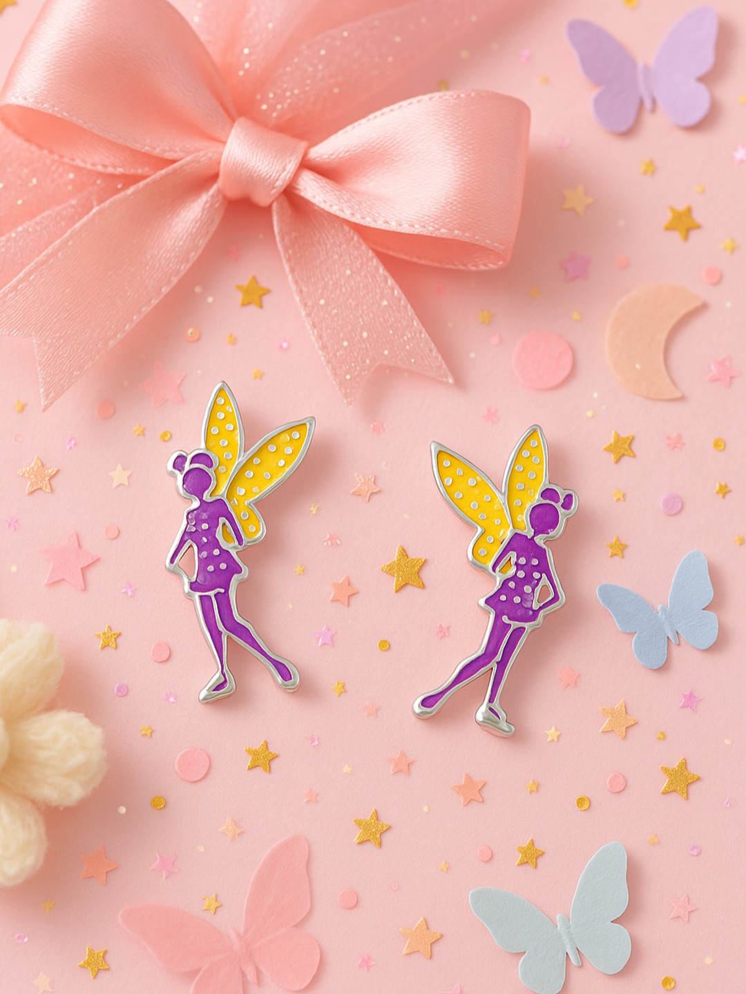 Nipura Girls 925 Sterling Silver Rhodium-Plated Fairy Sparkle Shaped Enamel Studs Earrings