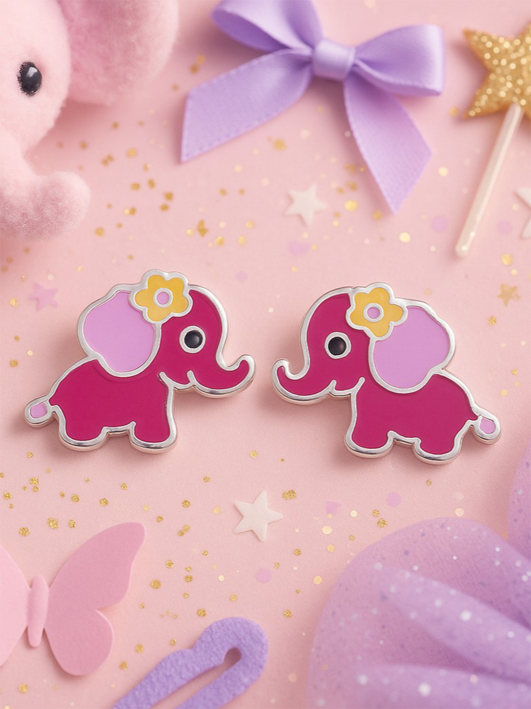 Nipura Girls 925 Sterling Silver Rhodium-Plated Elephant Giggles Enamel Studs Earrings