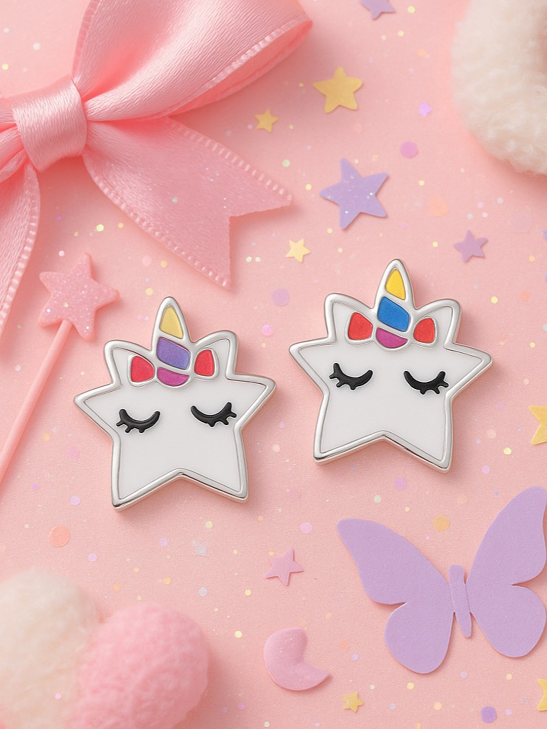 Nipura Kids 925 Sterling Silver Rhodium-Plated Starry Smiles Classsic Enamel Stud Earrings