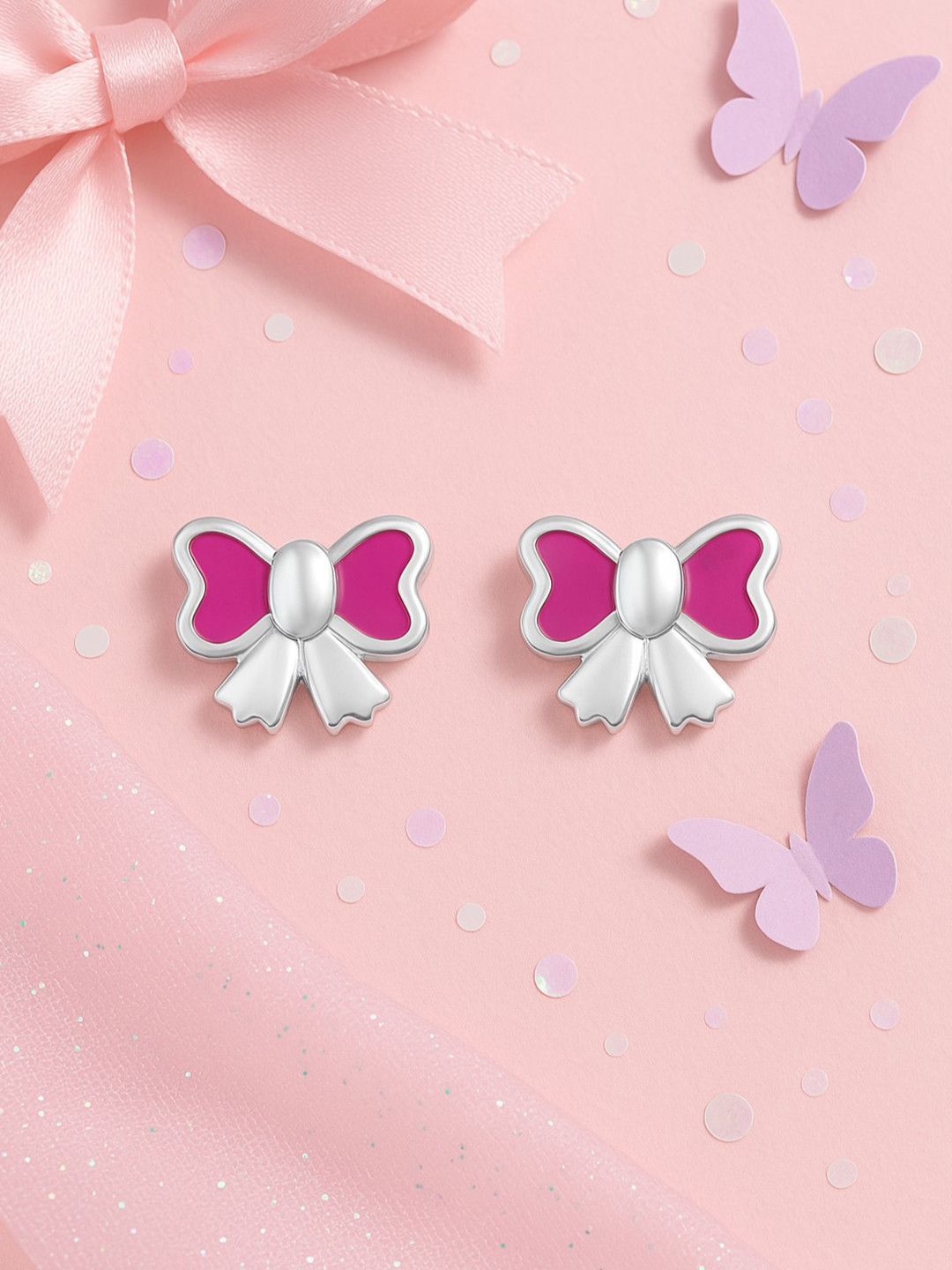 Nipura Girls 925 Sterling Silver Rhodium-Plated Bubble Bow-Shaped Enamel Studs Earrings