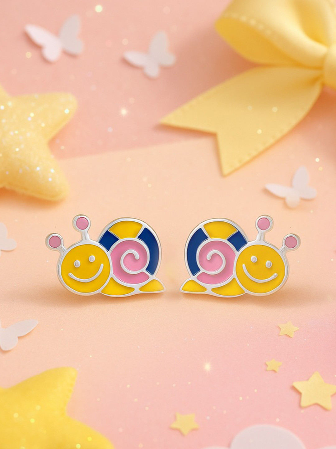 Nipura Girls 925 Sterling Silver Rhodium-Plated Swirl Snail Enamelled Studs Earrings