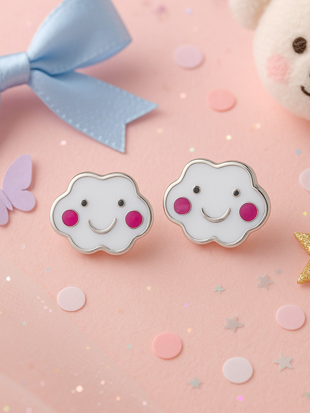 Nipura Girls 925 Sterling Silver Rhodium-Plated Dreamy Clouds Shaped Studs Earrings