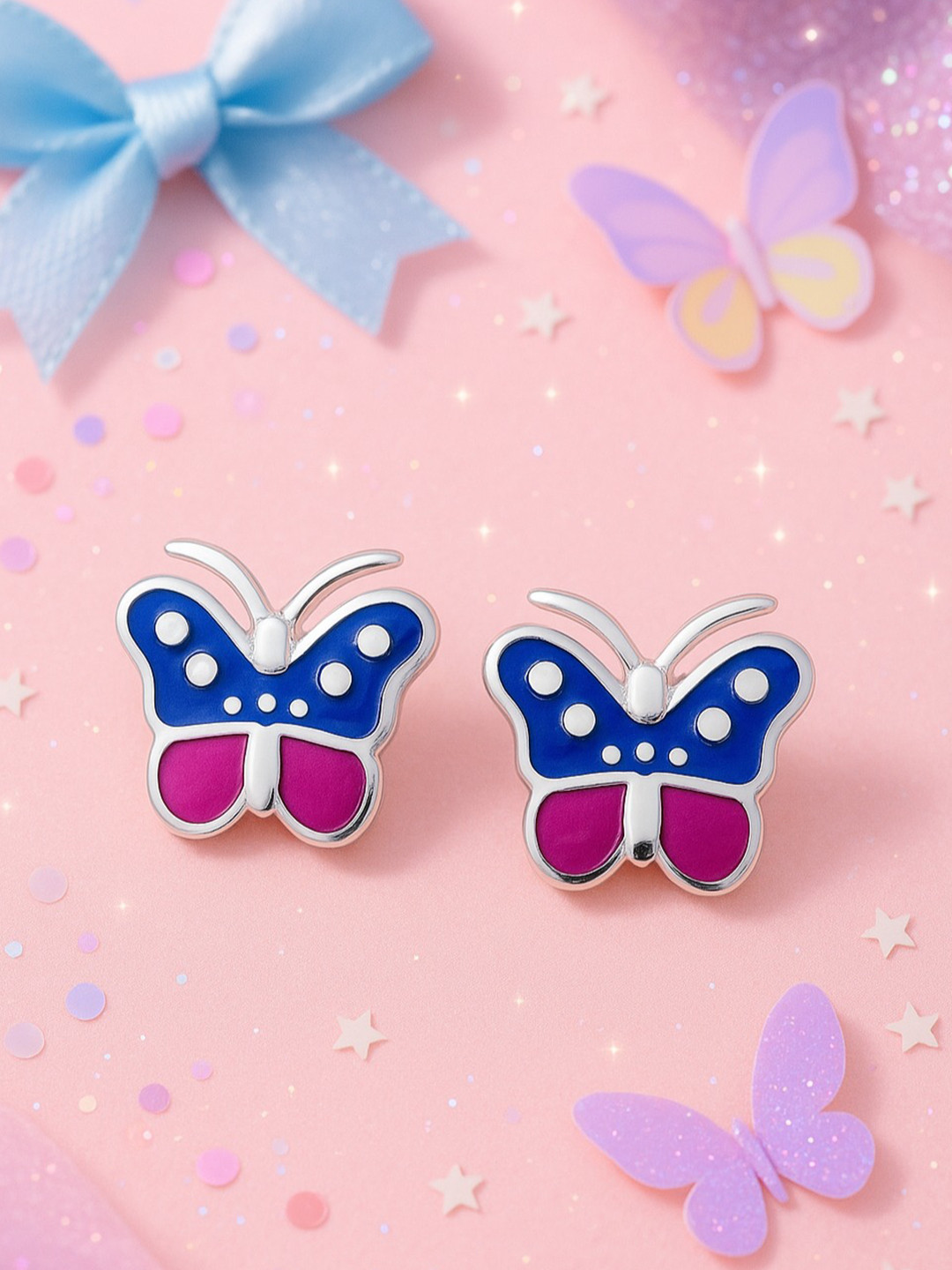 Nipura Girls 925 Sterling Silver Rhodium-Plated Flutter Bliss Enamelled Studs Earrings