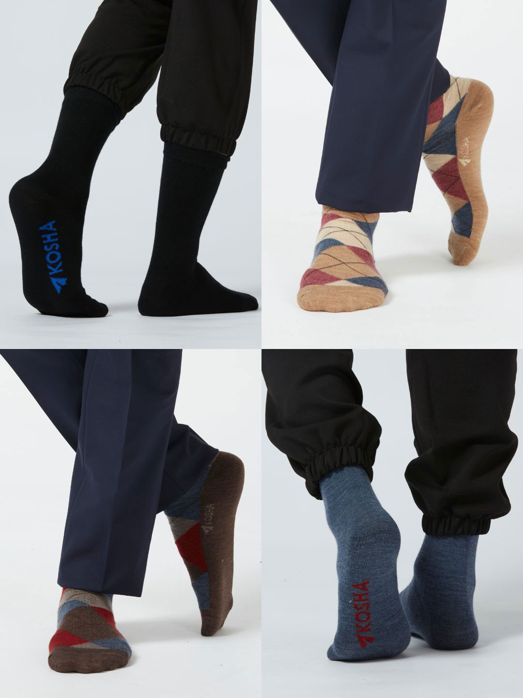 Kosha Men Pack of 4 Multi Pattern Merino Wool Crew Length Socks