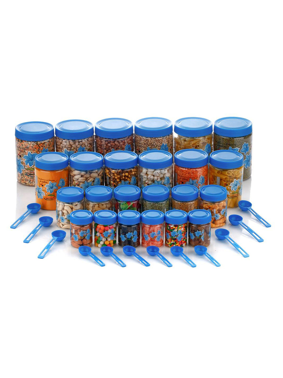 Hashone Blue Floral Plastic Easy To Clean 24 Piece Clip-On Canister