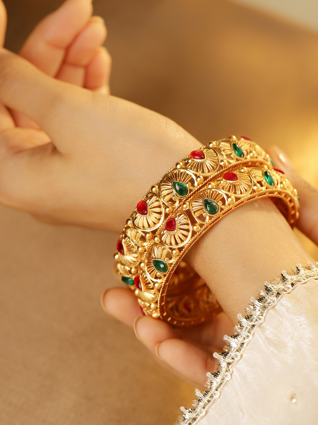 Rubans Set of 2 24K Gold-Plated Handcrafted Bangles with Ruby Red & Emerald Green Stones
