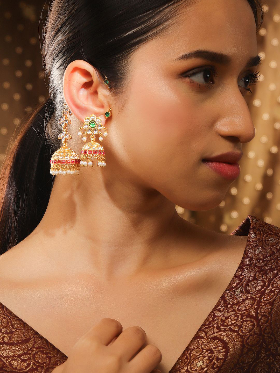 Rubans 24K Gold-Plated Emerald & Ruby Pink Kundan Studded Floral Jhumka Ear Cuff Earrings