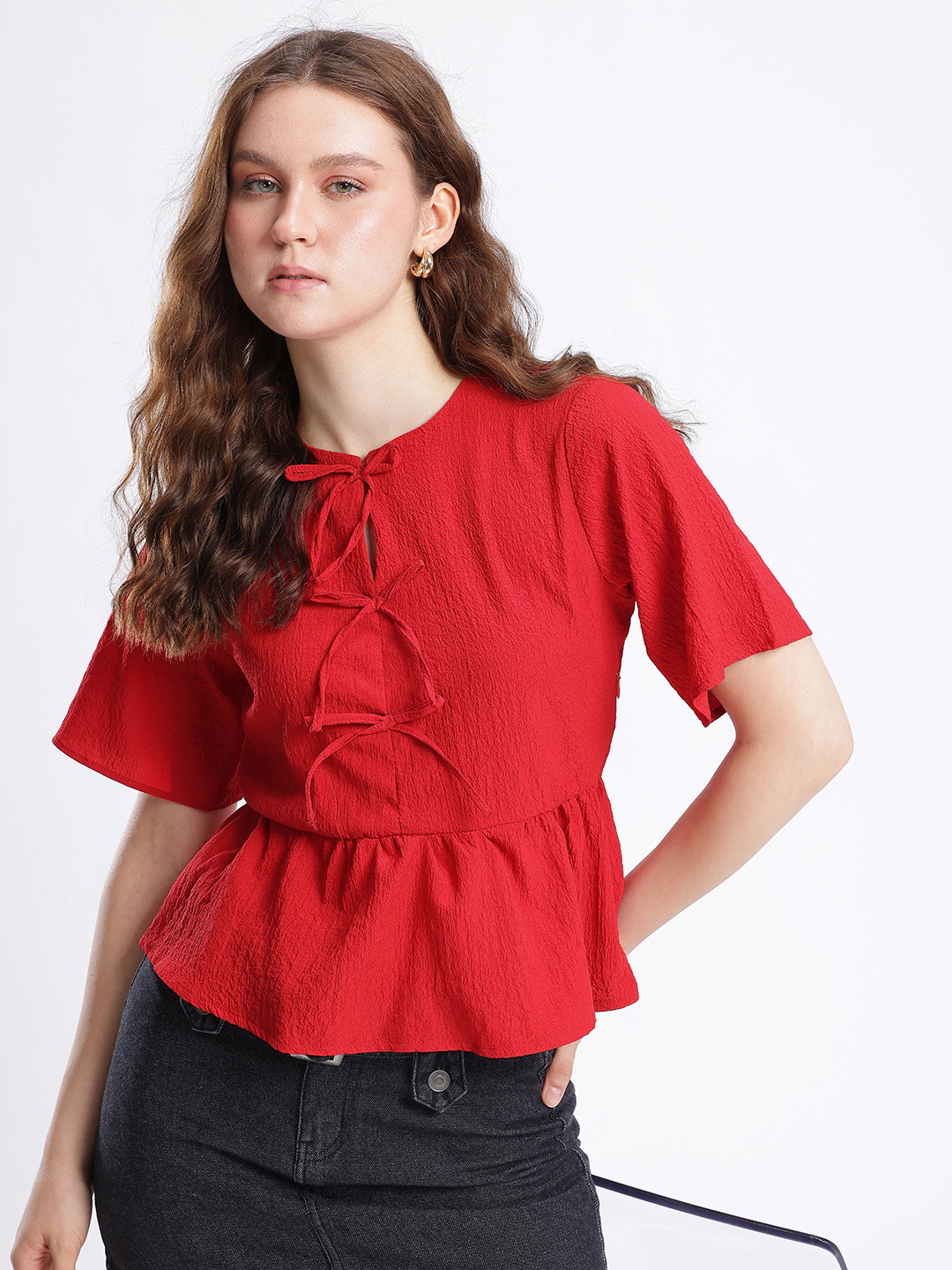Stylecast X Hersheinbox Bow-Detail Gathers Crushed A-Line Top