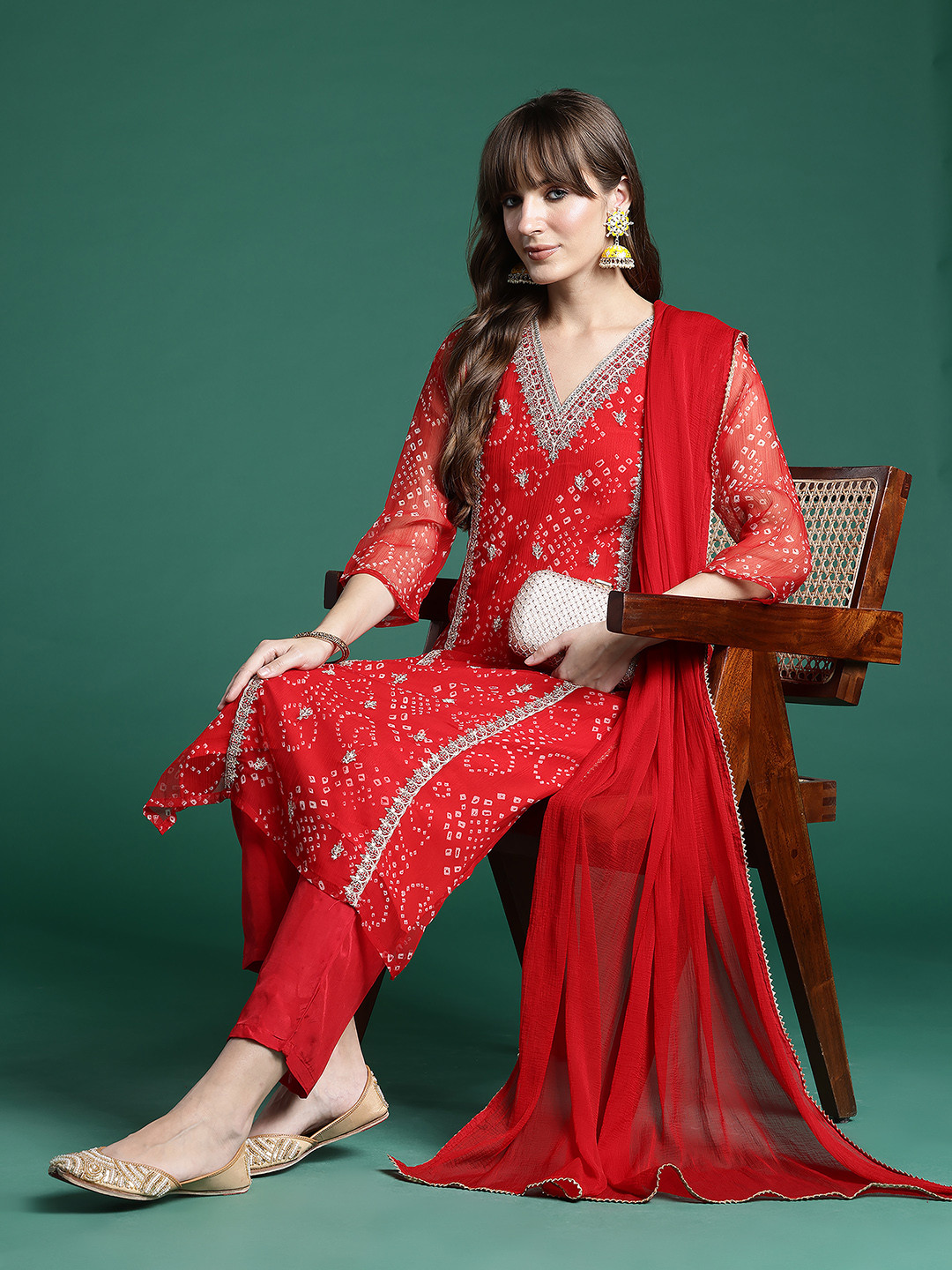 Indo Era Bandhani Printed Zari Panelled Kurta With Trousers & Dupatta