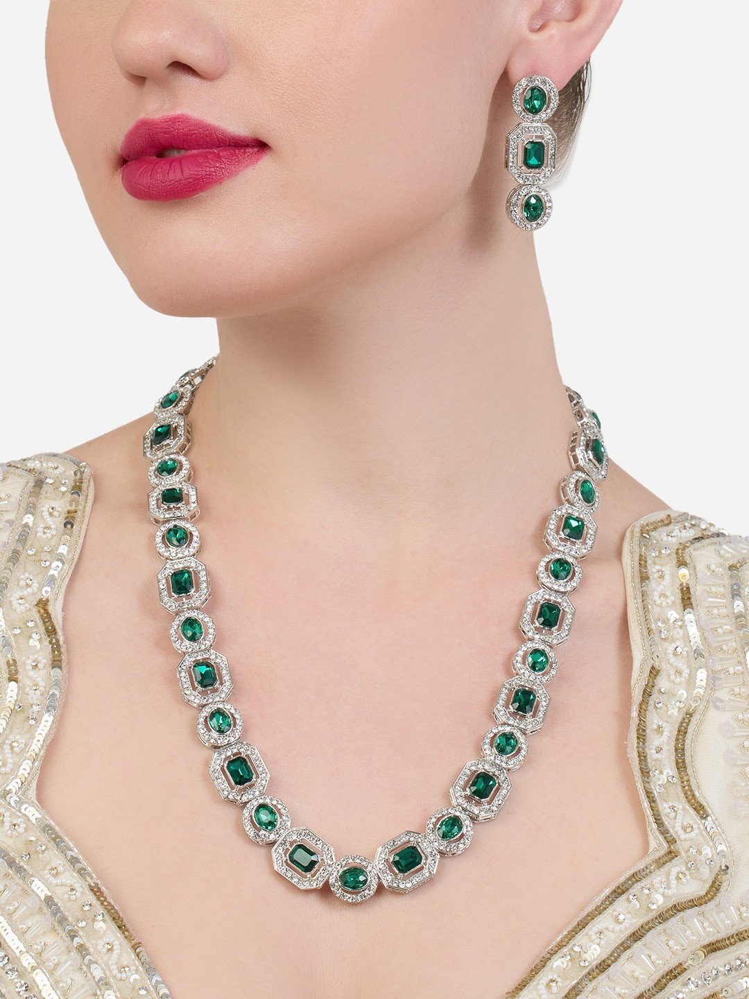 Zaveri Pearls Silver Plated Austrian Diamonds Stone Studded Jewellery Set