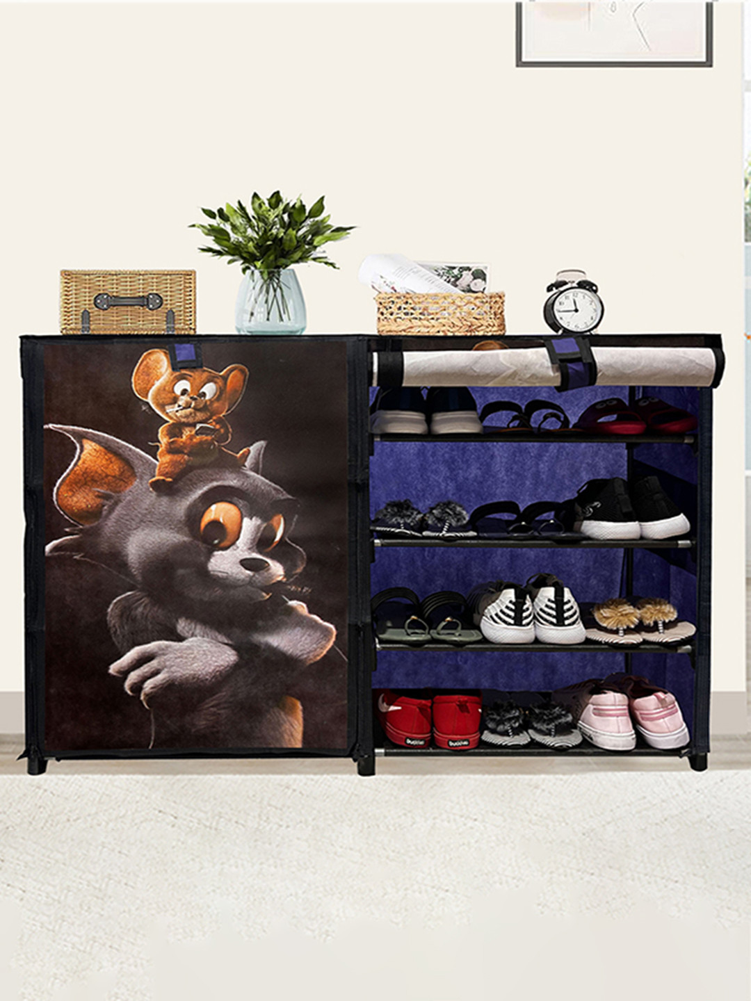 Rmerchants Blue Tom & Jerry Printed 8-Layer Shoe Rack With Cover