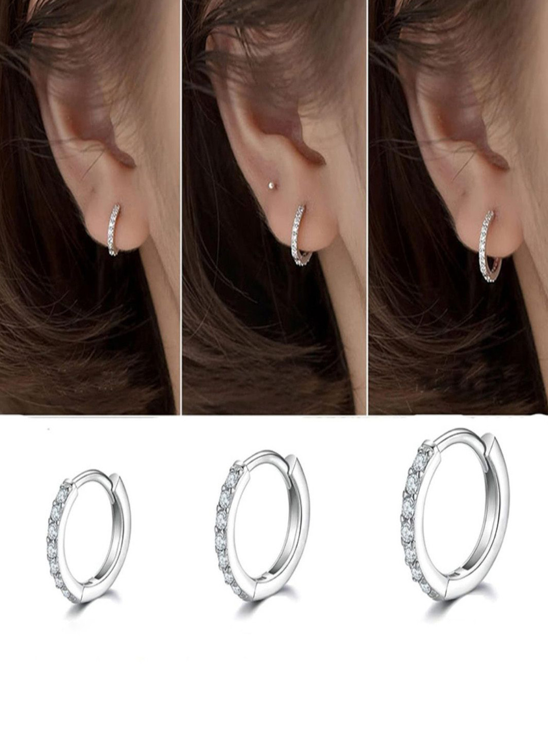 AQUASTREET Set of 3 14K Silver Plated Hoop Huggie Earrings with Zircons