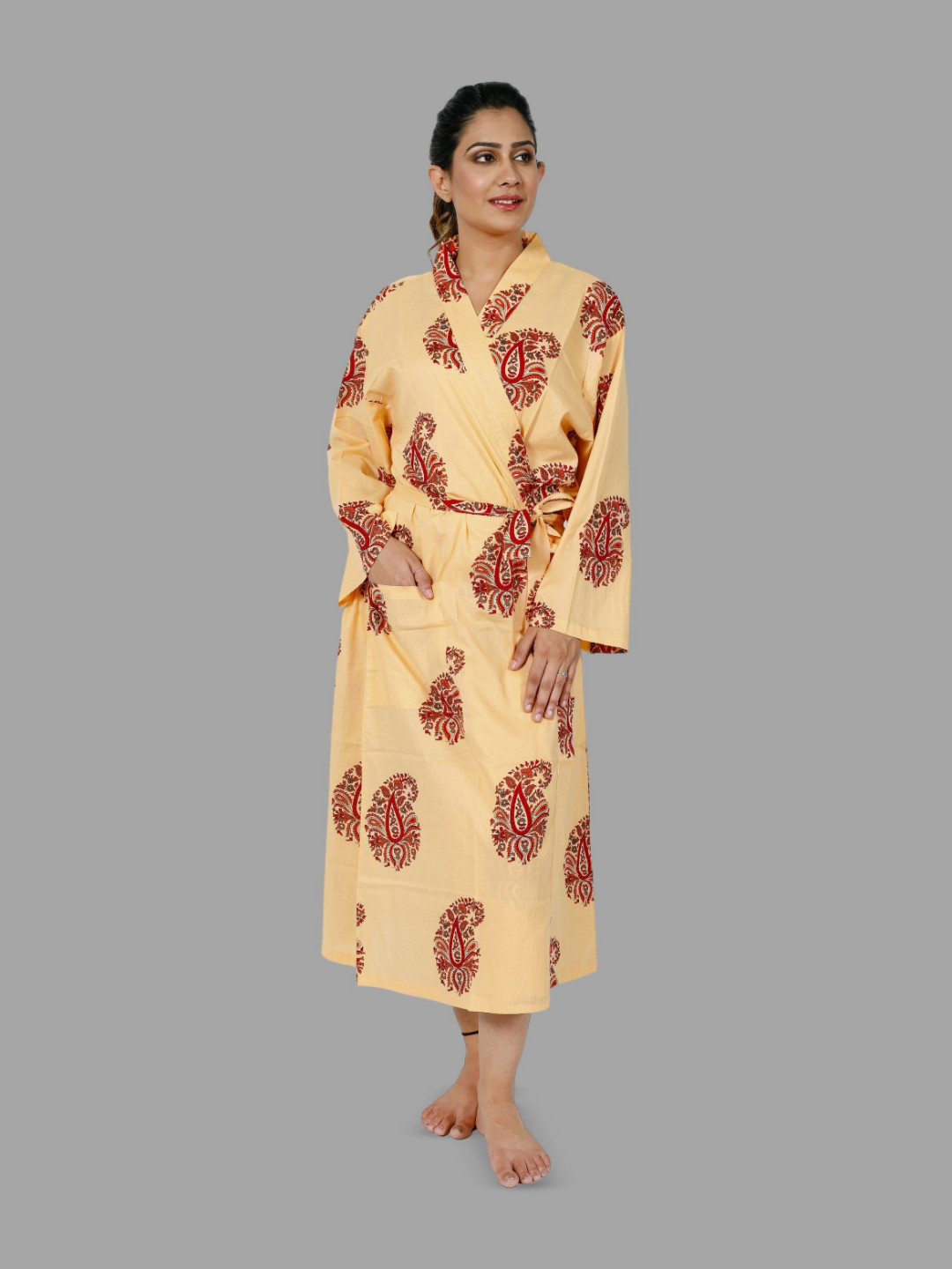 HANDICRAFT PALACE Yellow Paisley Cotton Drawstring Midi Bath Robe