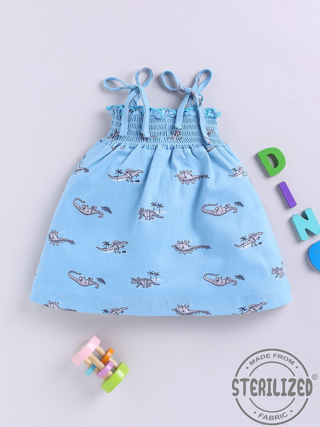 YK X Tinyo Dinosaur Print Smocked Cotton Fit & Flare Dress