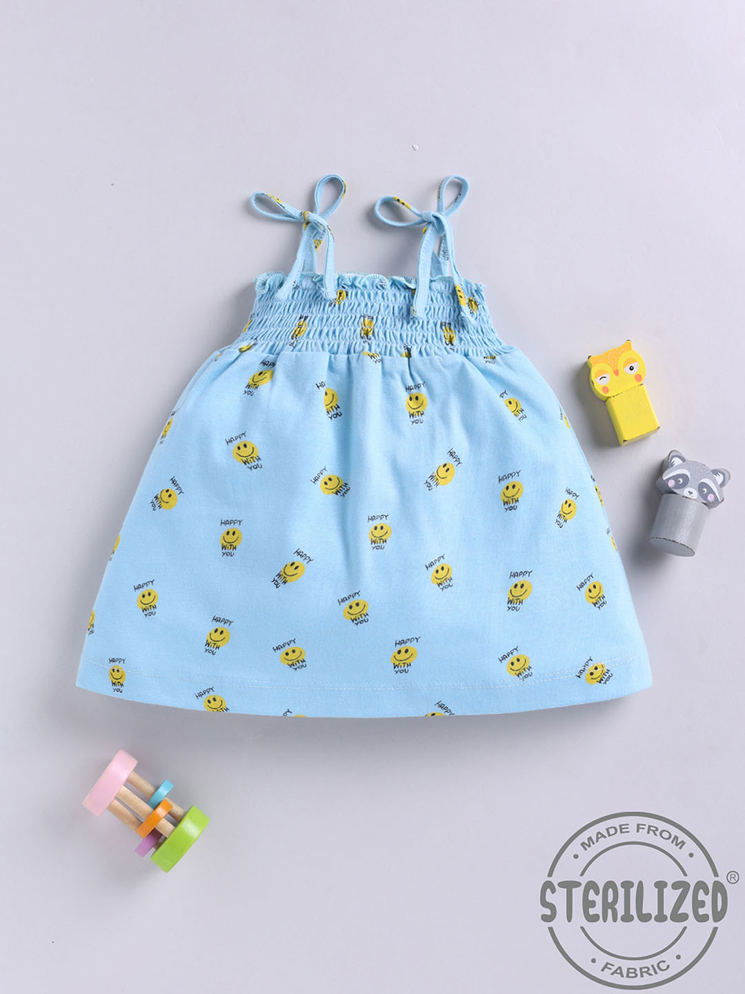 YK X Tinyo Smiley Print Smocked Cotton Fit & Flare Dress