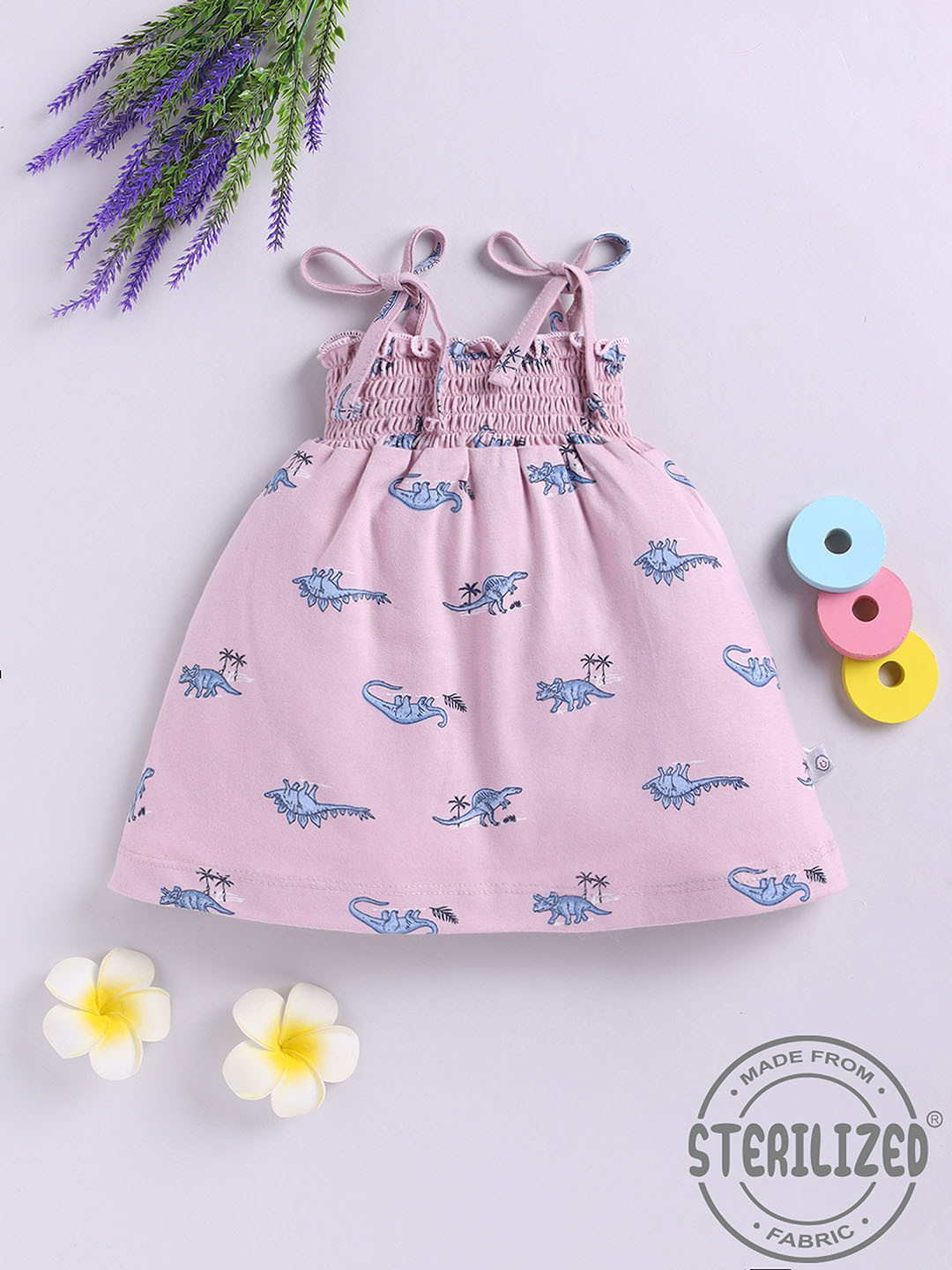 YK X Tinyo Dinosaur Print Smocked Cotton Fit & Flare Dress