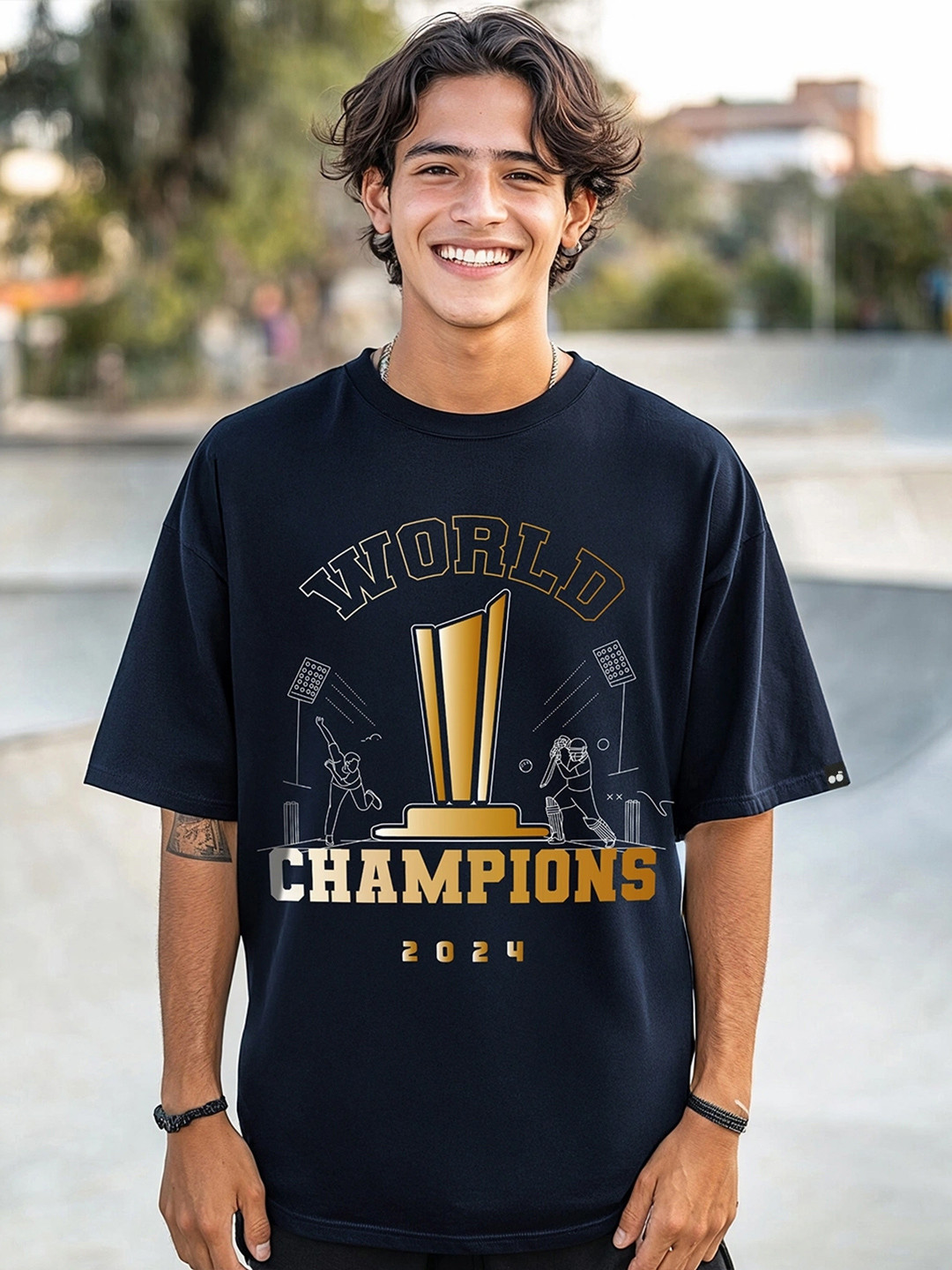 Bewakoof Men Navy Blue World Champion Graphic Printed Oversized T-shirt