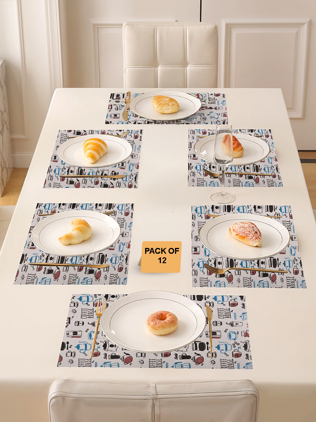 Kuber Industries 12-Pc White & Blue Coffee House Printed Anti-Slip Dining Table Placemats