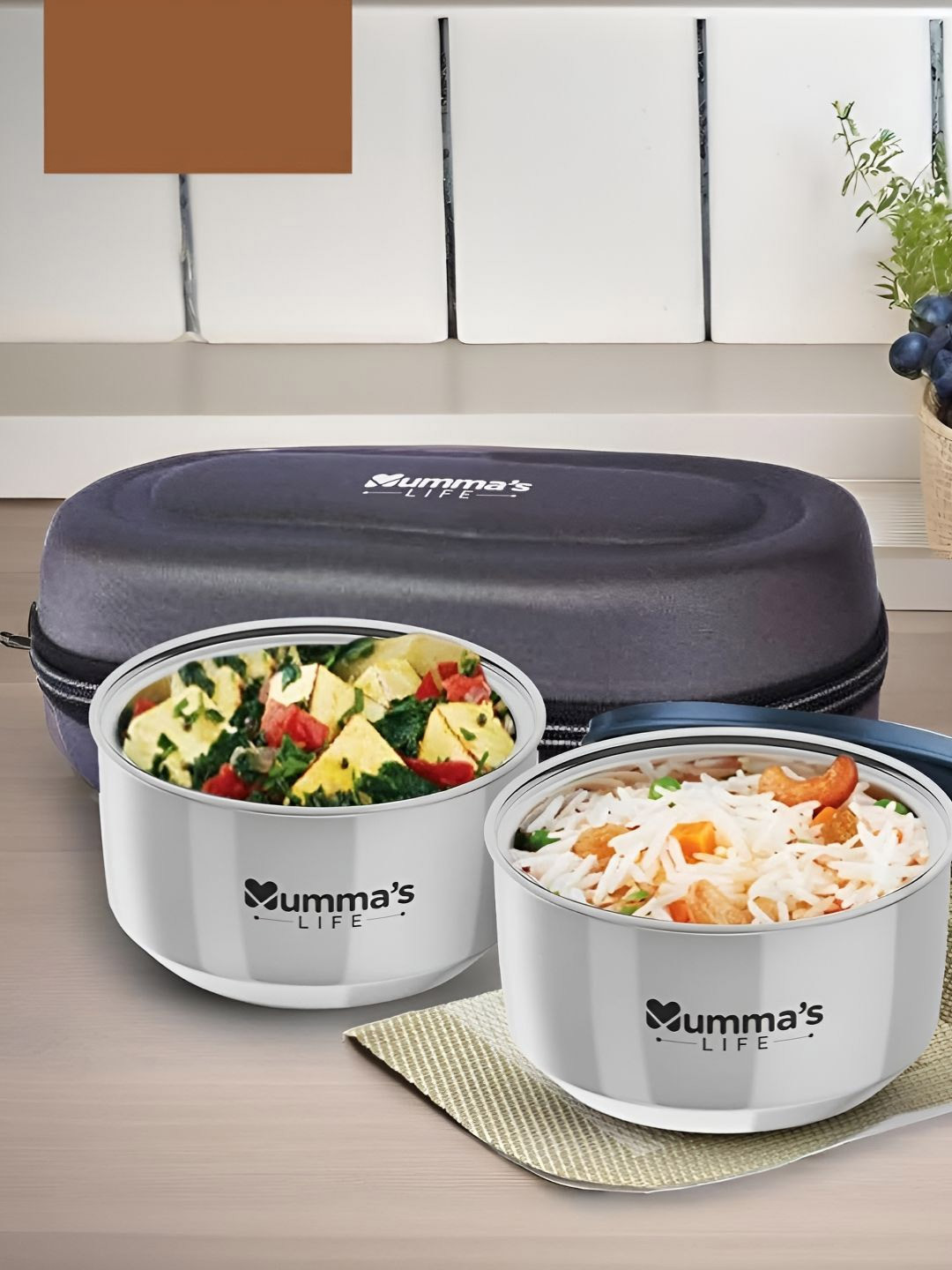 Mumma's Life Grey Solid Stainless Steel Easy to Clean 3PCs Lunch Box With Spoon and Fork