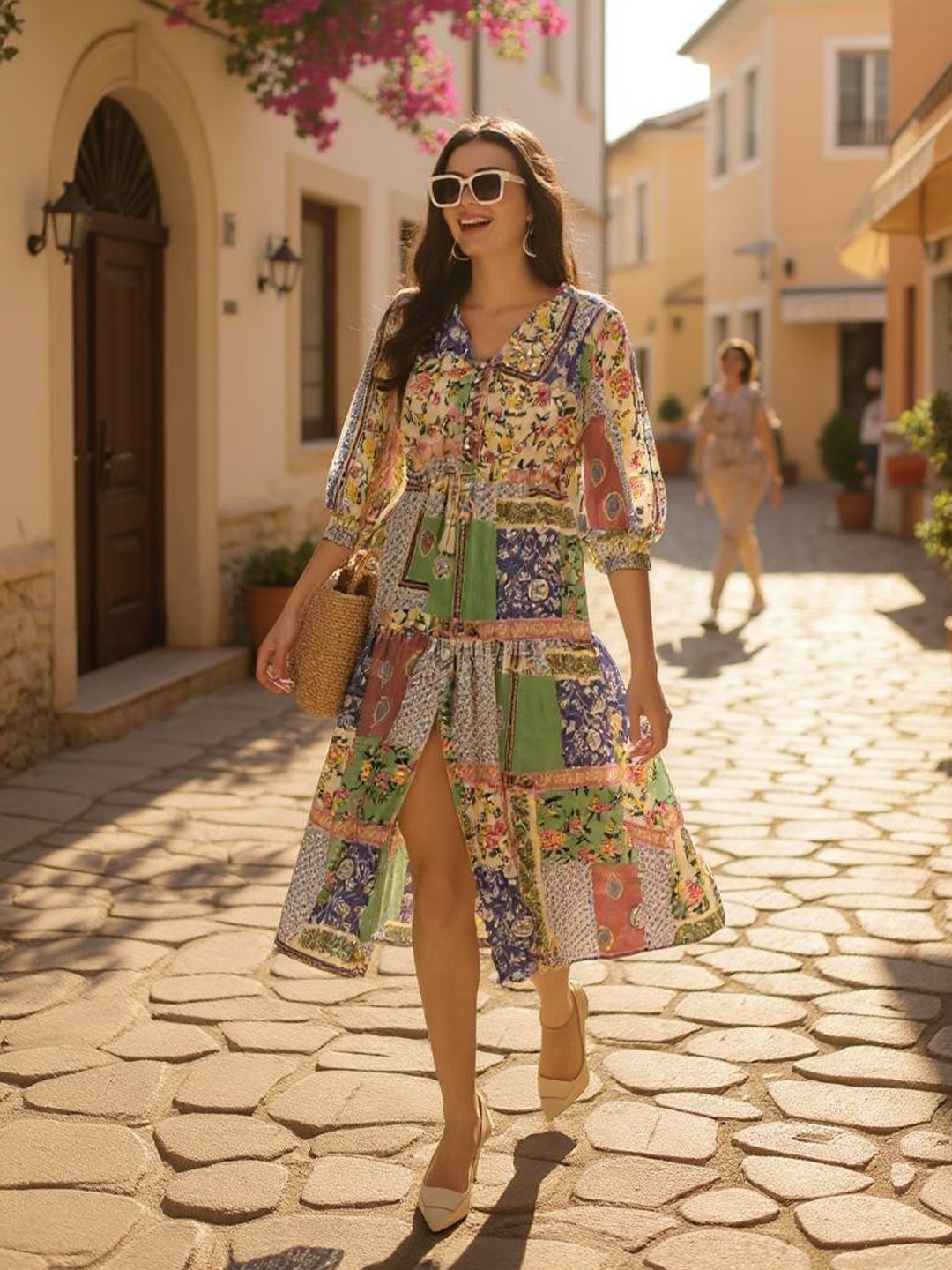 Hive91 Print Satin A-Line Midi Dress