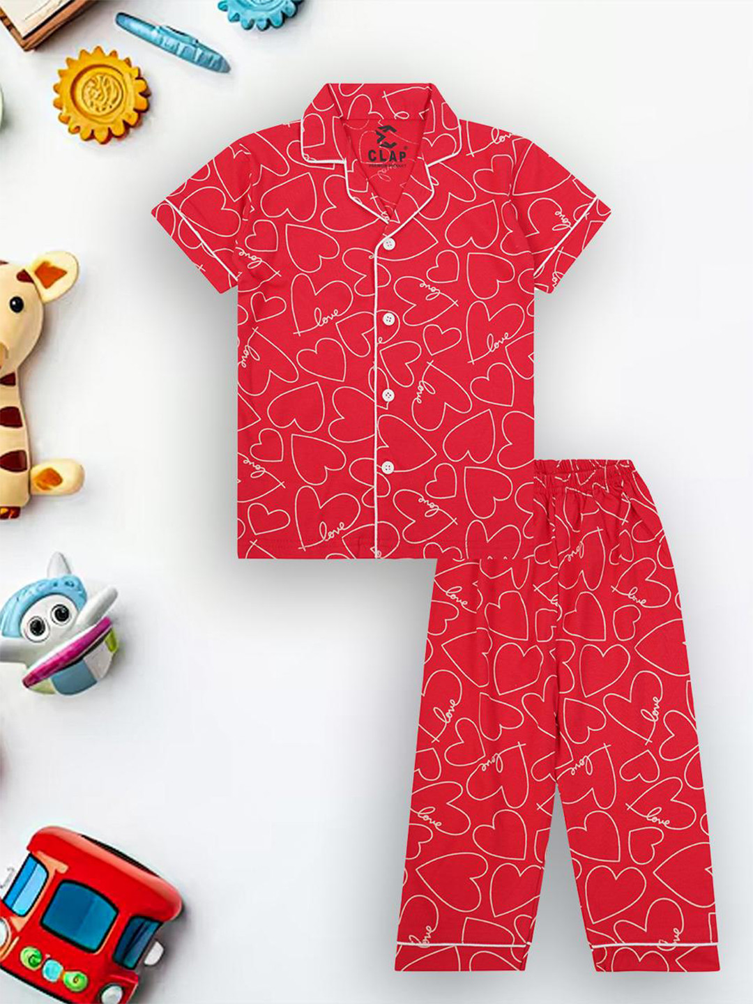CLAP Girls Heart Print Cotton Night Suit