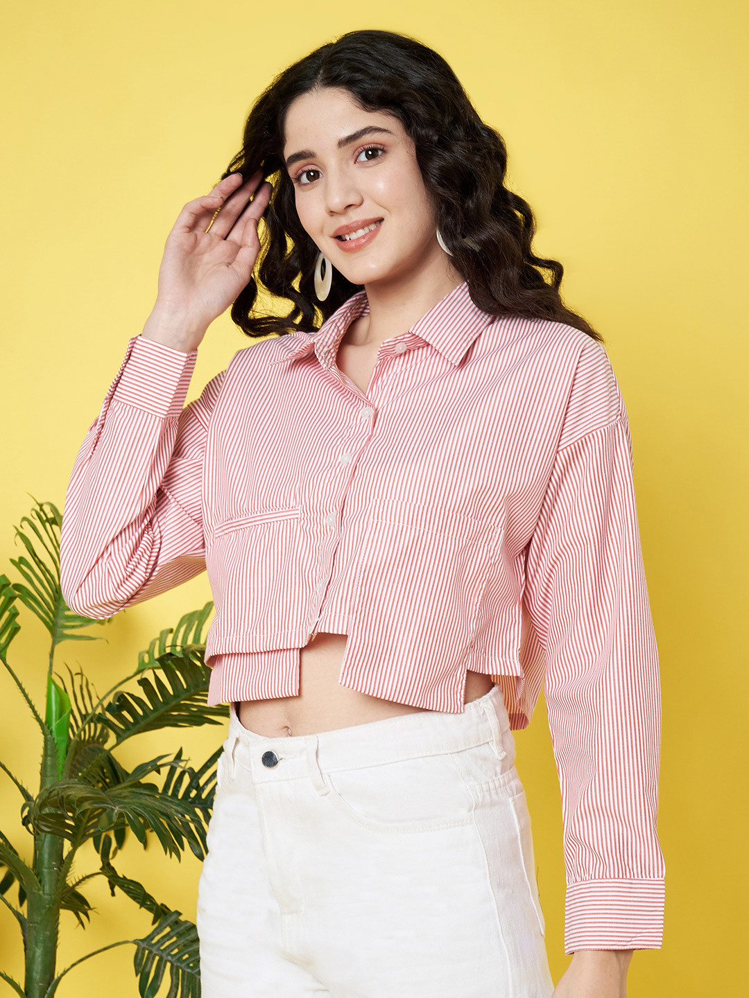 ANVI Be Yourself Stripped Printed Pink Cotton Spread Collar Patch Pocket Oversized Shirt