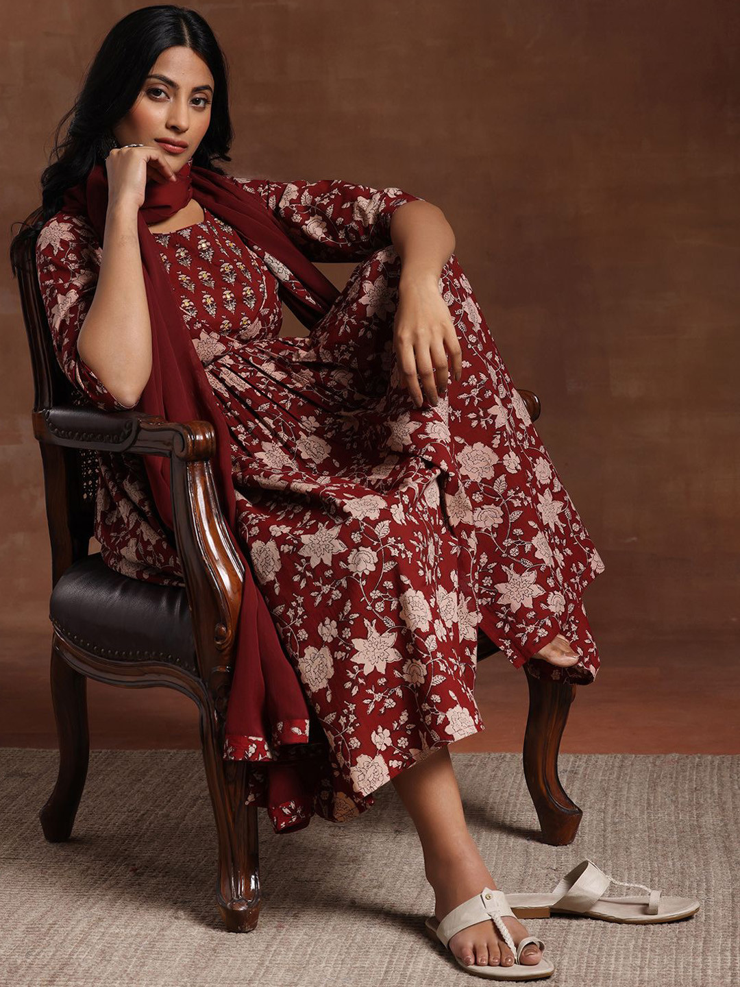 Libas Womens Maroon Printed Cotton Anarkali Kurta With Trousers & Dupatta