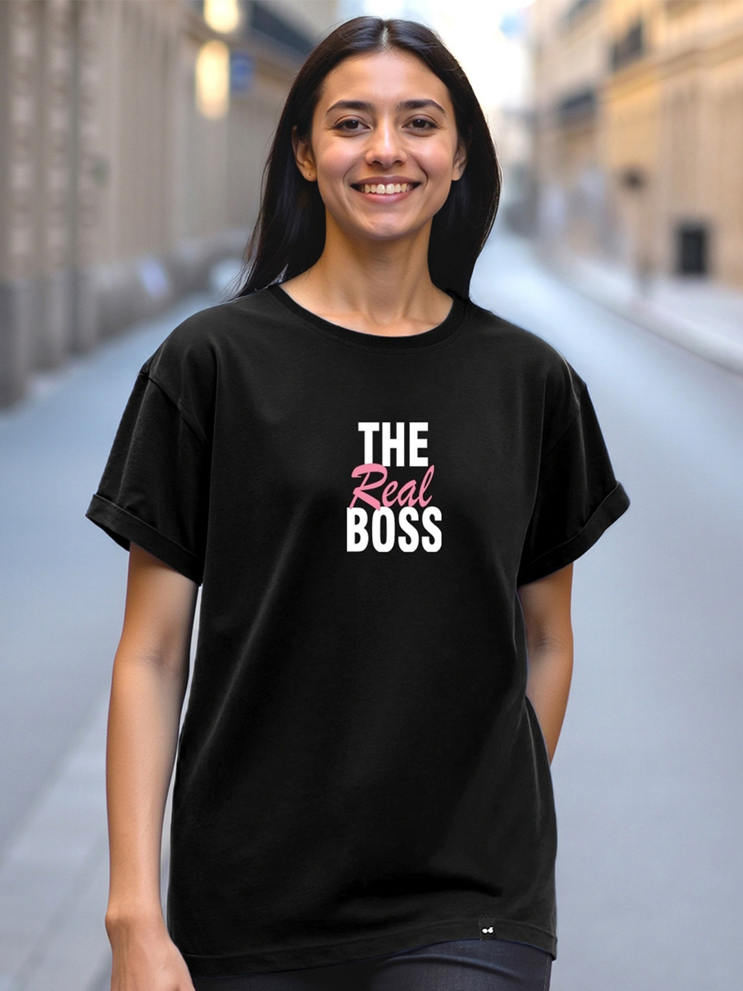 Bewakoof Women's Black The Real Boss Typography Boyfriend T-shirt