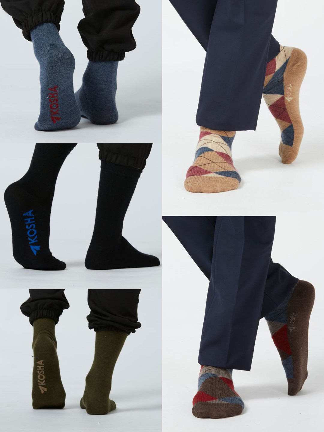 Kosha Men Pack of 5 Merino Wool Crew Length Solid & Argyle Socks
