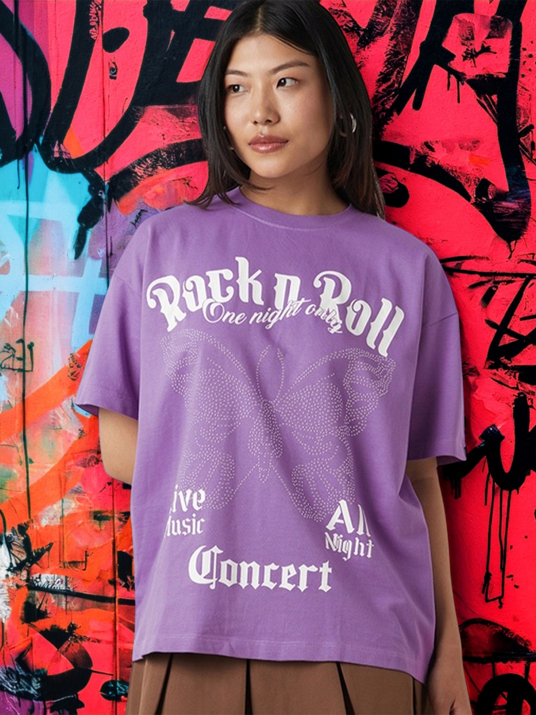 Bewakoof Women Purple Rock N Roll Graphic Printed Oversized T-shirt