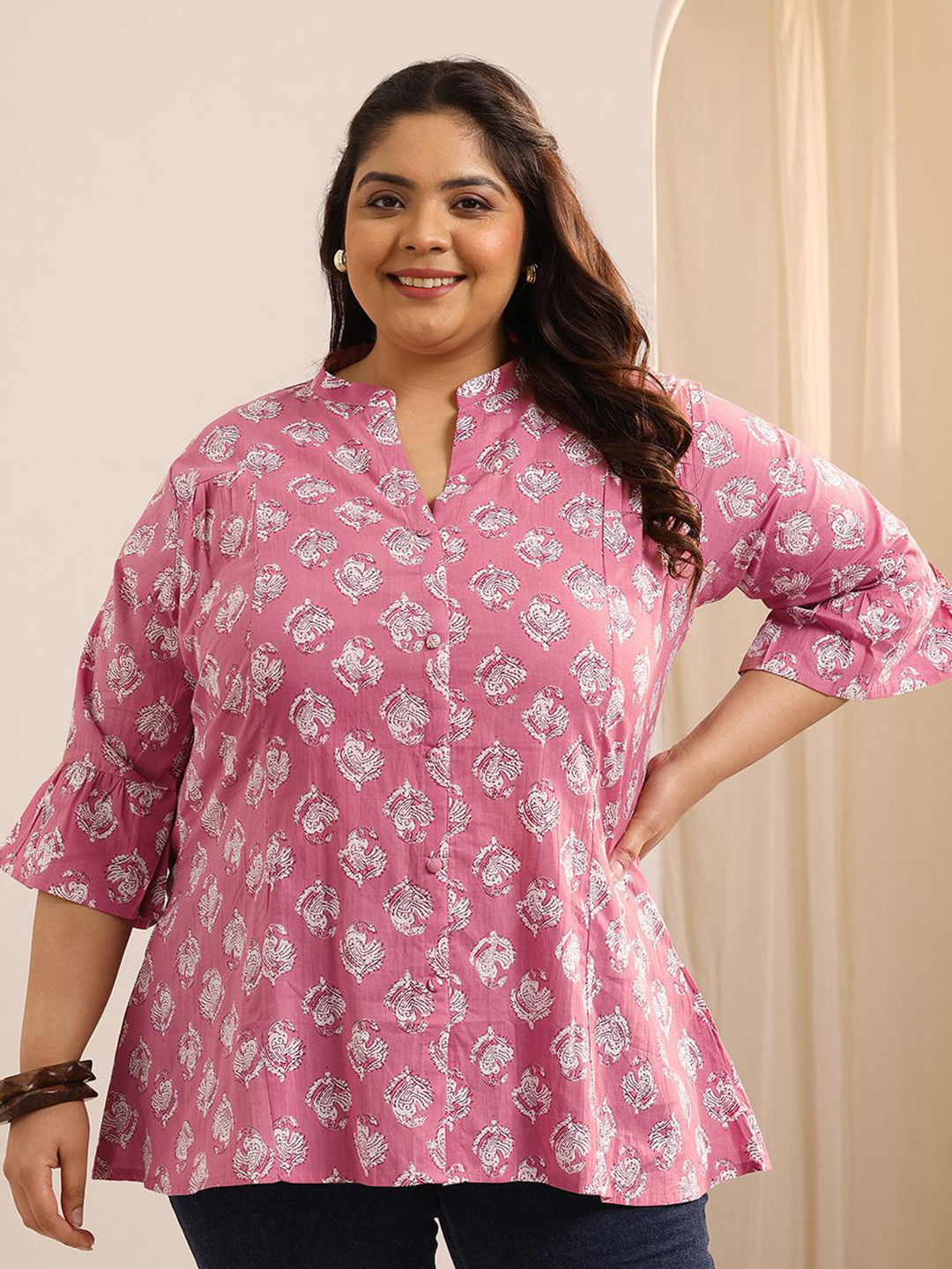 EXTRA LOVE BY LIBAS Ethnic Motif Printed Mandarin Collar Panelled Bell Sleeves Tunic