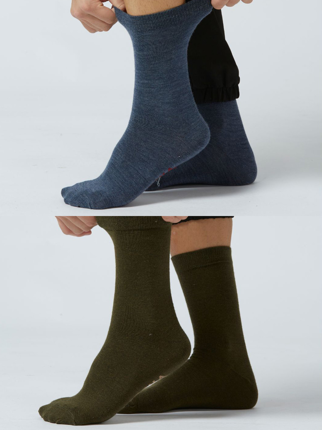 Kosha Men Pack of 2 Blue & Olive Merino Wool Crew Length Classic Socks