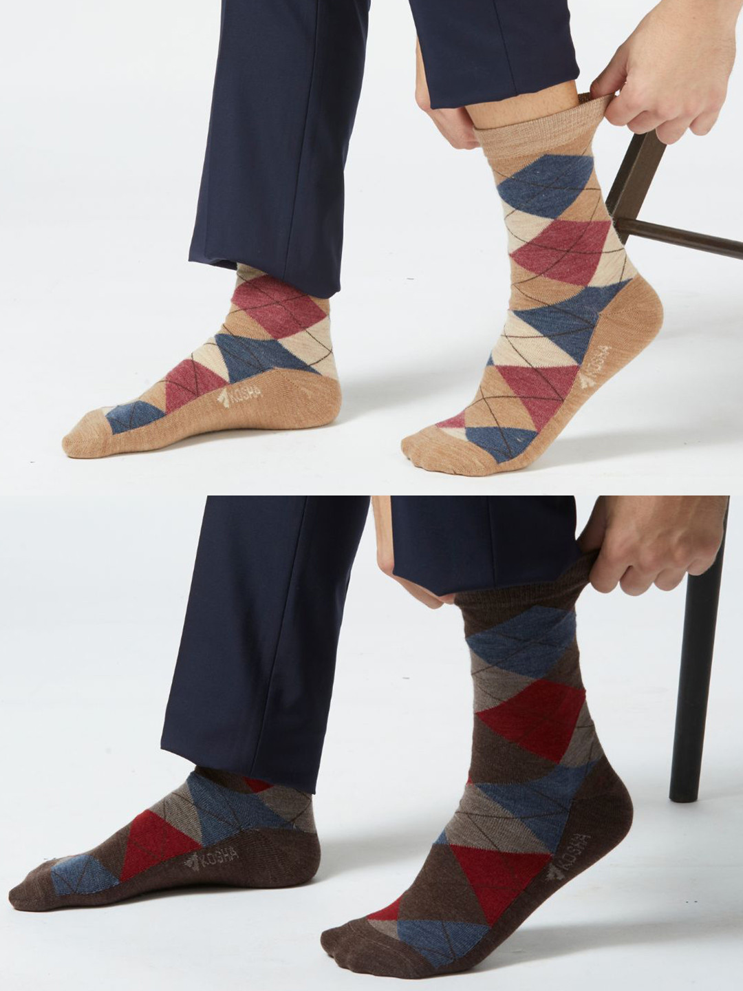 Kosha Men Pack of 2 Skin & Brown Merino Wool Crew Length Argyle Socks