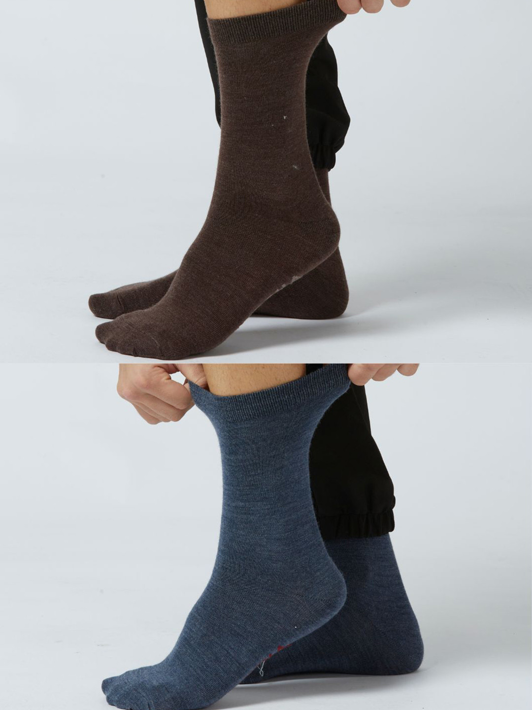 Kosha Men Pack of 2 Blue & Brown Merino Wool Crew Length Classic Socks