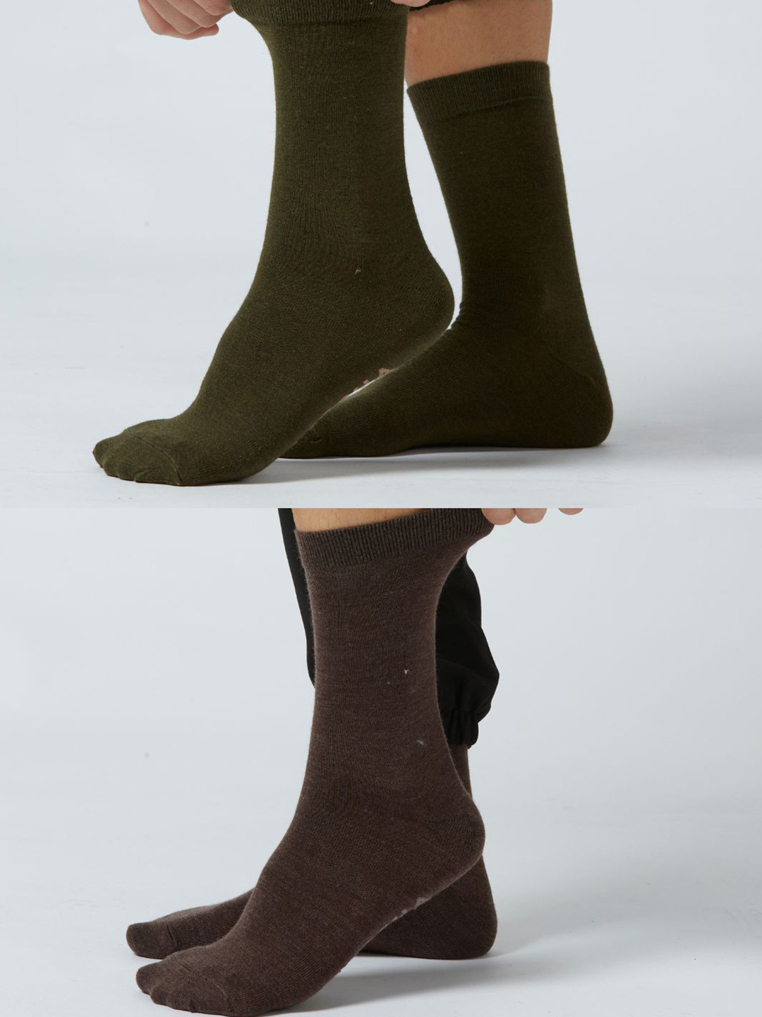 Kosha Men Pack of 2 Olive & Brown Merino Wool Crew Length Classic Socks