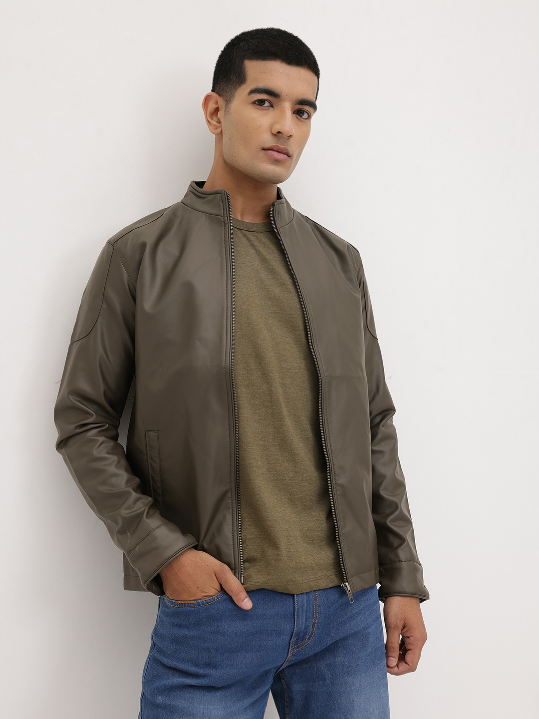 The Roadster Life Co. Faux Leather Mock Collar Tailored Jacket