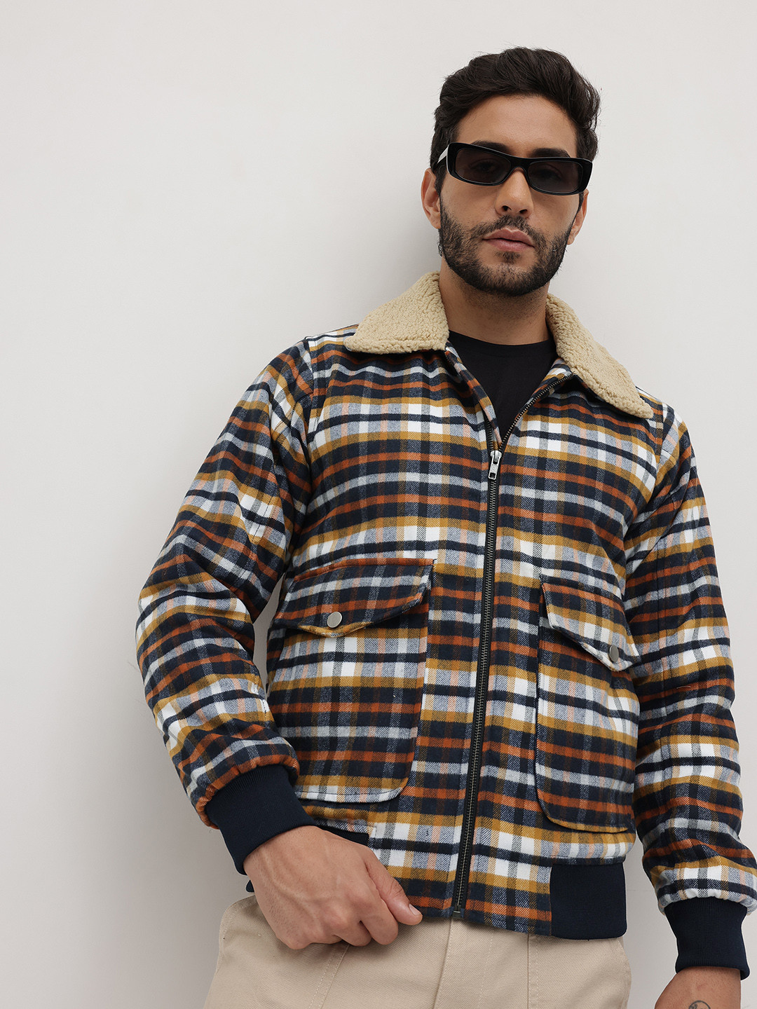 The Roadster Life Co. Gingham Checked Spread Collar Bomber Jacket