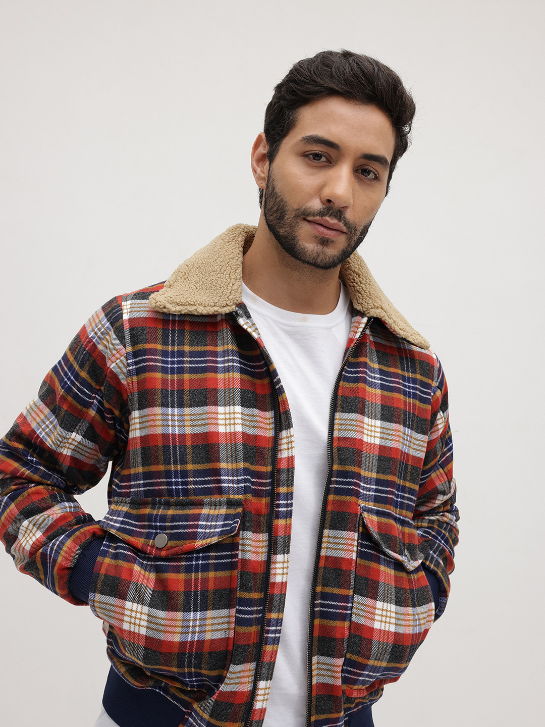 The Roadster Life Co. Gingham Checked Spread Collar Bomber Jacket