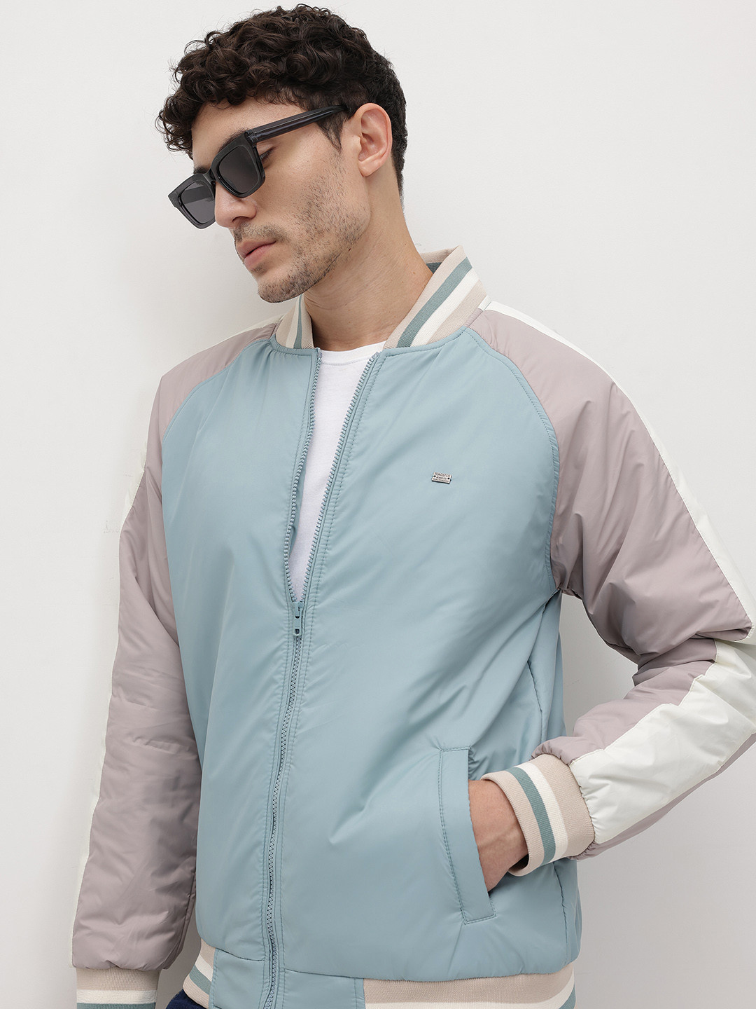 The Roadster Life Co. Colourblocked Stand Collar Raglan Sleeves Varsity Jacket