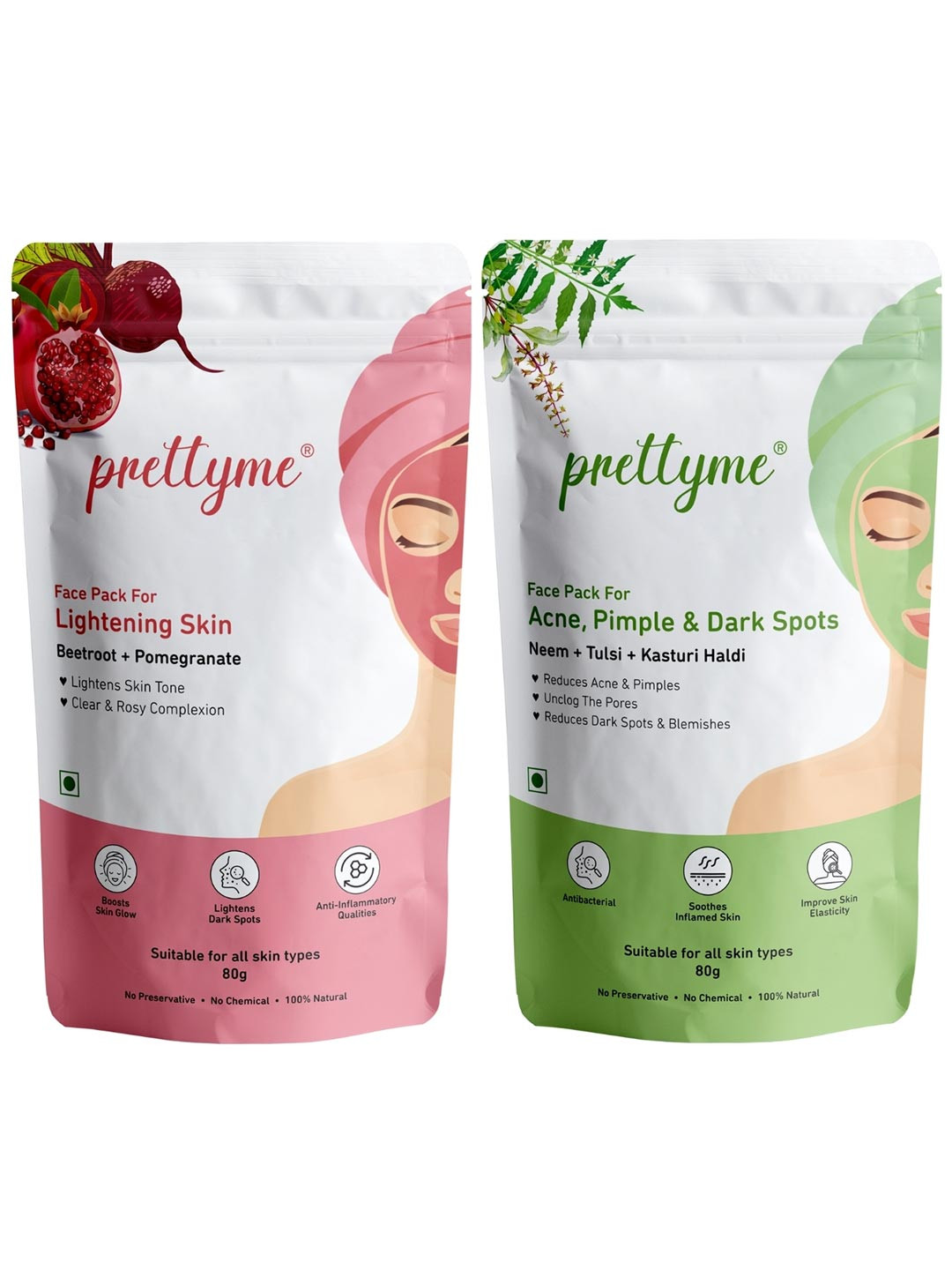 Prettyme Set Of 2 Neem Tulsi Haldi Pomegranate & Beetroot Powder Face Pack - 80 g Each