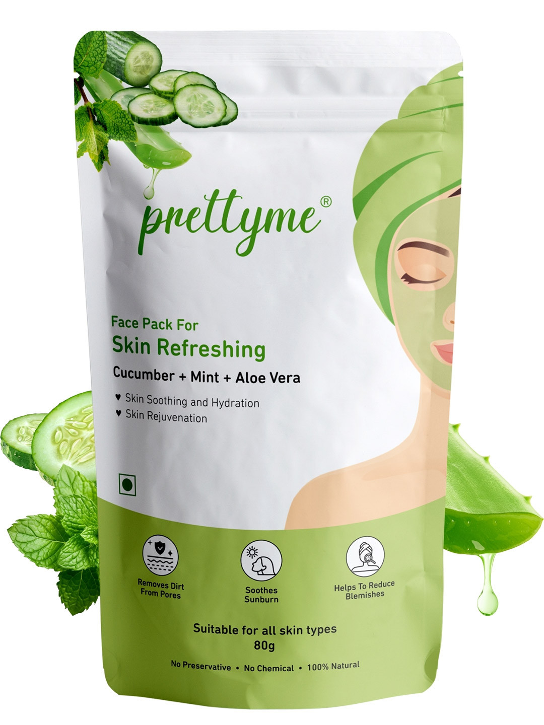 Prettyme Cucumber Mint & Aloe Vera Refreshing & Hydrating Glow Face Pack Powder - 80 g