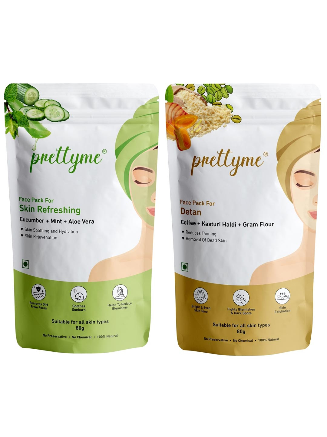 Prettyme Set Of 2 Refreshing & Detan Powder Face Mask - 80 g Each