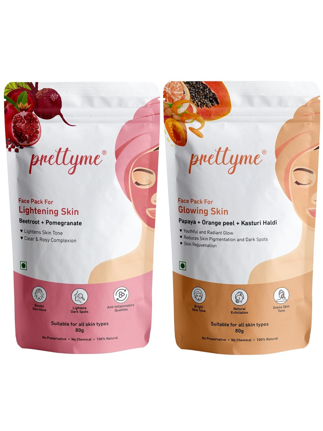 Prettyme Set Of 2 Lightening & Glowing Powder Face Mask - 80 g Each