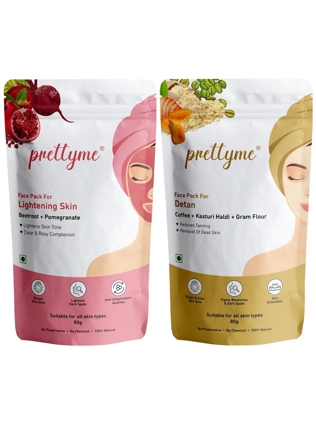 Prettyme Set of 2 Coffee Turmeric Pomegranate & Beetroot Powder Face Pack - 80 g Each