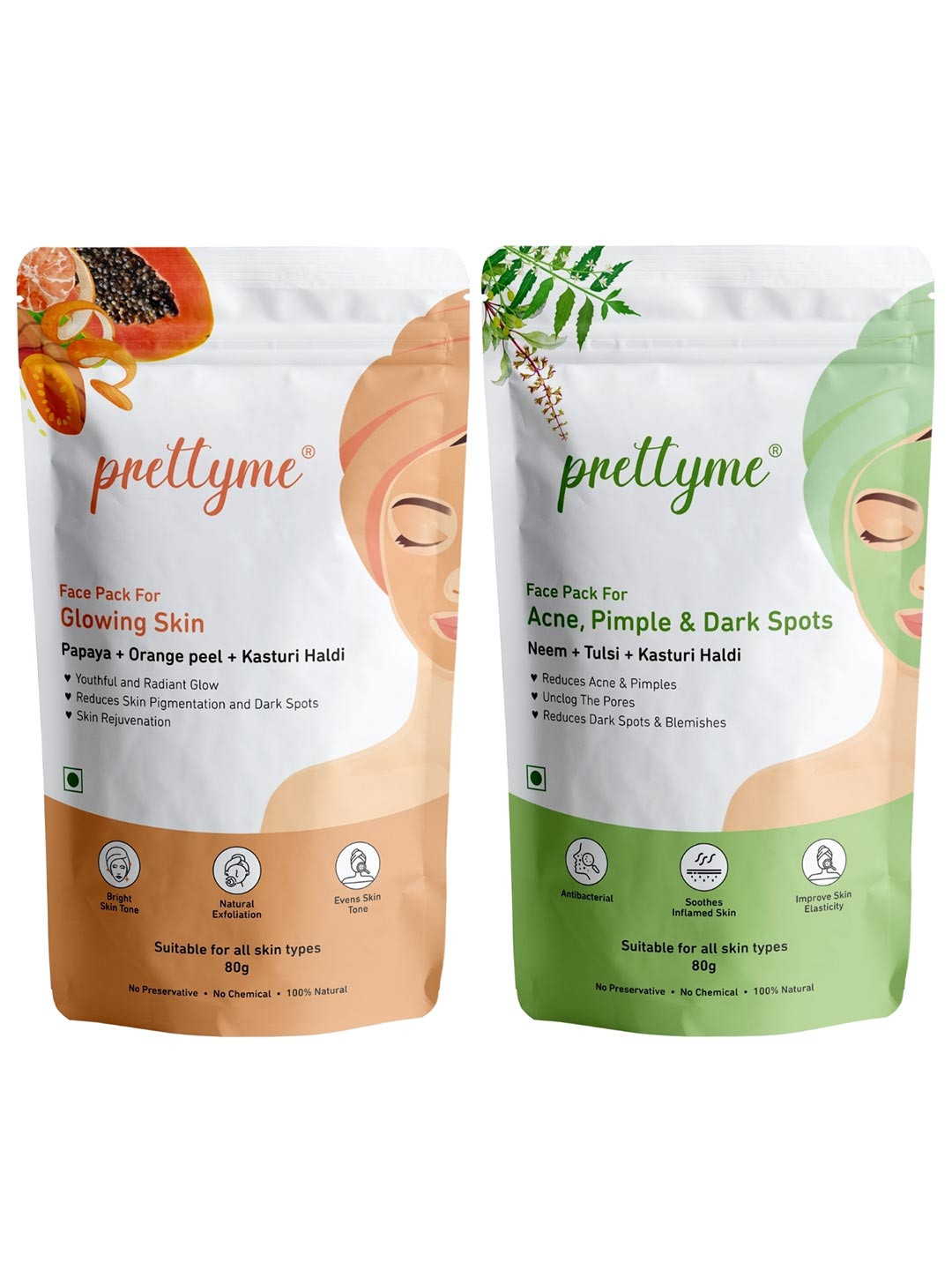 Prettyme Set Of 2 Orange Peel Haldi Papaya Neem & Tulsi Powder Face Pack - 80 g Each