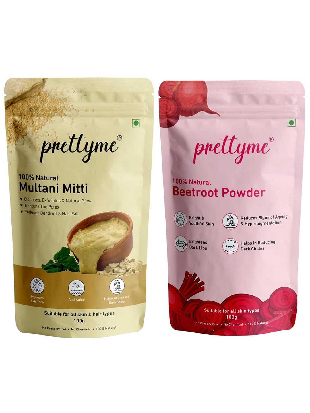 Prettyme Set Of 2 Natural Beetroot & Multani Mitti Glowing Skin Face Powder - 100 g Each