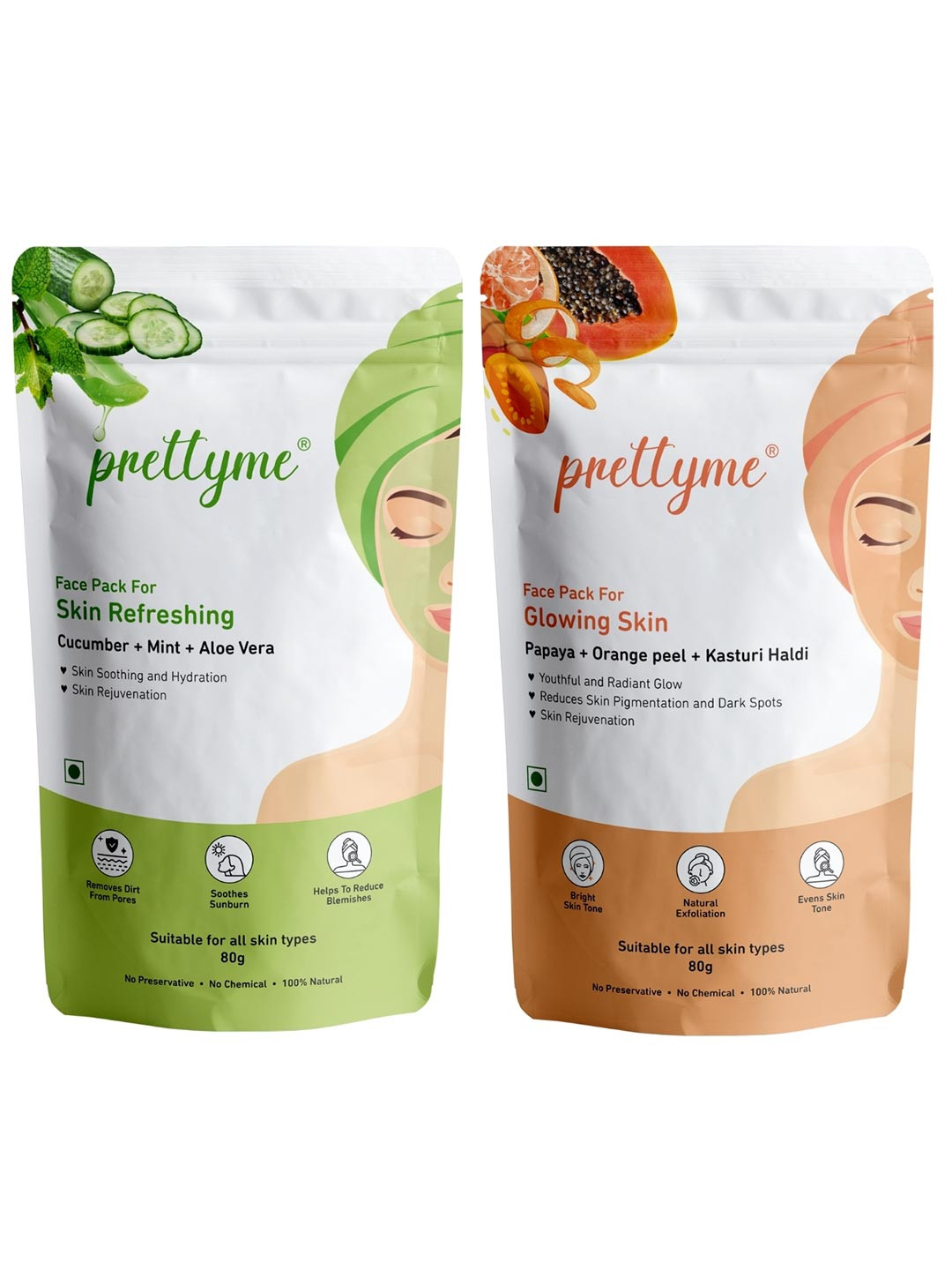 Prettyme Set Of 2 Cucumber Aloe Vera Orange Peel & Papaya Powder Face Pack - 80 g Each
