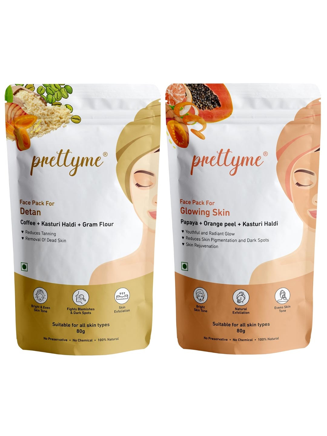 Prettyme Set Of 2 Coffee Turmeric Orange Peel & Papaya Powder Face Pack - 80 g Each